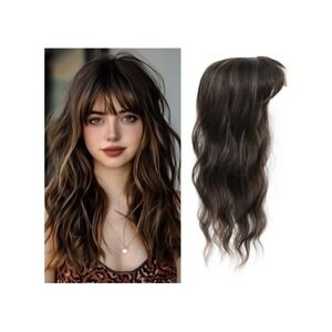 ONEYTRE 20" Hair Topper Dark Brown Chestnut Wavy French Bangs Silk Base 6.5x6.5